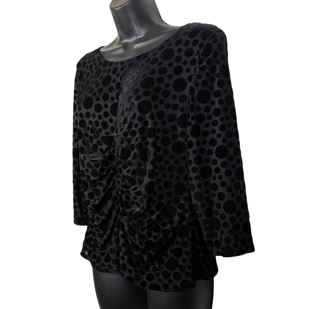 Black Polka Dot Top Burnout Appleseeds 3/4 Sleeve Petite Medium Ruched Front